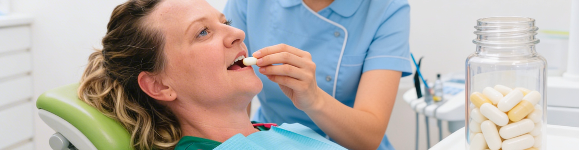 Hand placing sedation pill into woman's mouth.